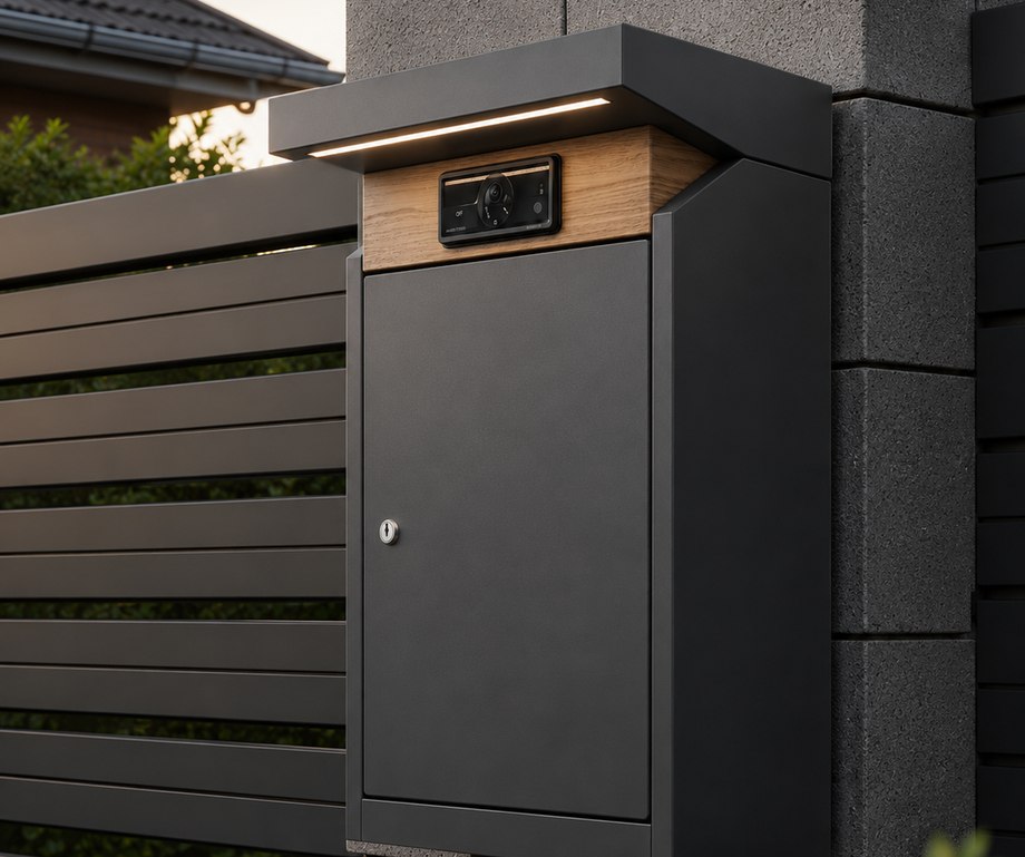 SmartBox на столбе забора частного дома: чёрный стальной корпус, камера в деревянной накладке, светодиодная полоса под козырьком