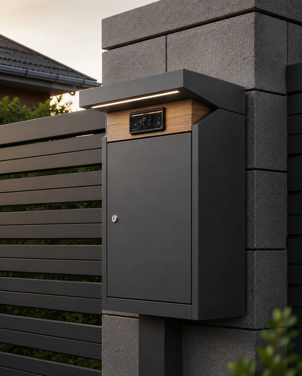 SmartBox Pro установлен на столбе забора частного дома: чёрный стальной корпус, деревянная накладка с камерой, светодиодная полоса под козырьком